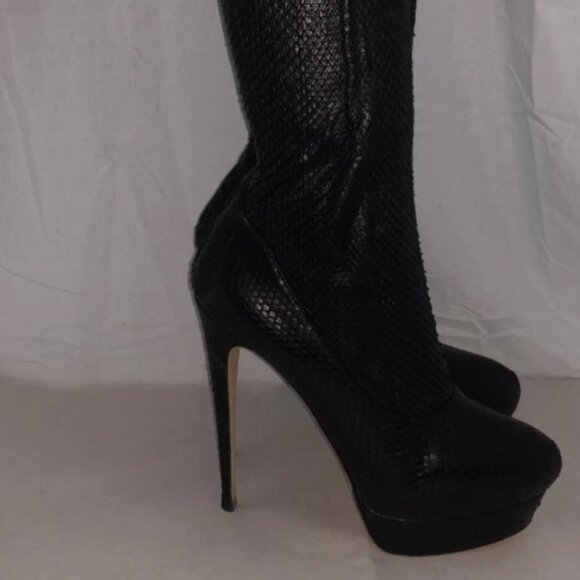 40/US9❤️ BRIAN ATWOOD Black Stretch Snakeskin Over Knee High Heels Thigh Boots - Picture 14 of 16